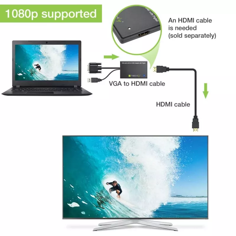 Techly káblový konvertor SVGA a audio na HDMI IDATA HDMI-VGA3