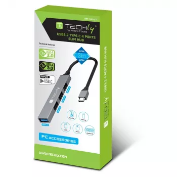Techly IUSB32-HUB4C-3U2SLS dokovacia stanica/port replikátor pre notebook káblová USB 3.2 Gen 1 (3.1 Gen 1) Type-C sivá
