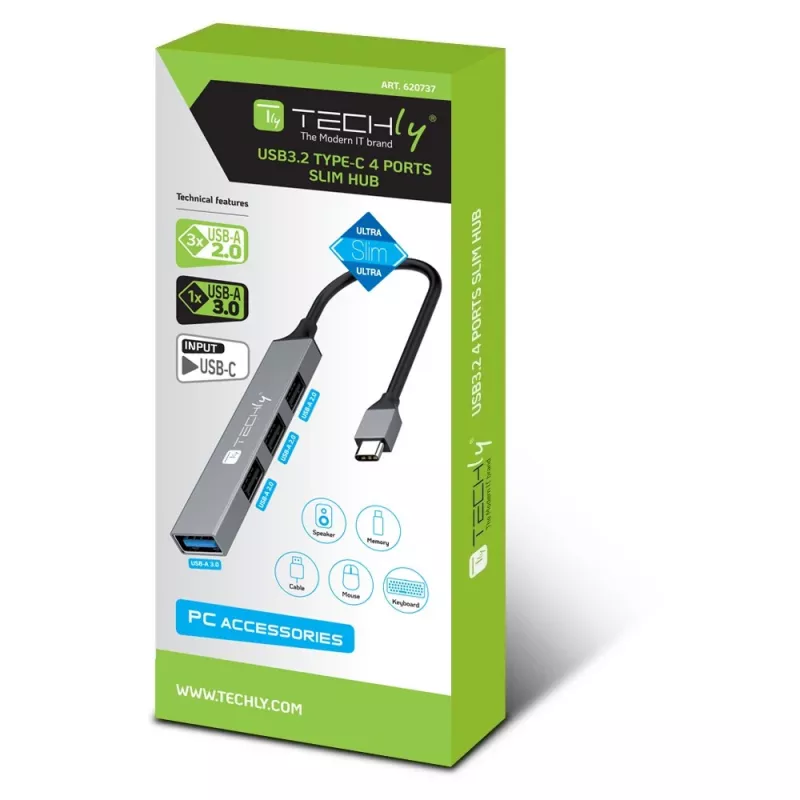 Techly IUSB32-HUB4C-3U2SLS dokovacia stanica/port replikátor pre notebook káblová USB 3.2 Gen 1 (3.1 Gen 1) Type-C sivá