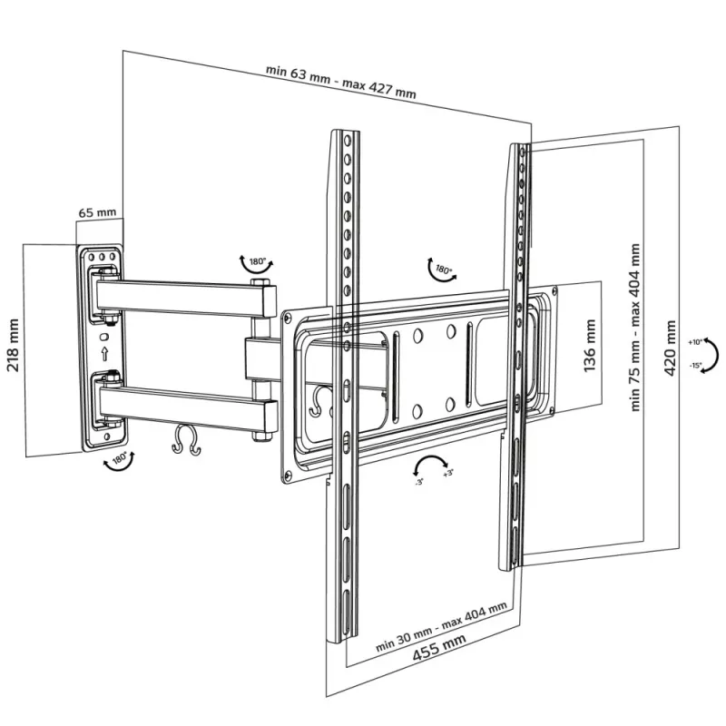 Techly 32-55 palcov Full-Motion LED-LCD TV držiak na stenu, 400 x 400 mm, -15 - 10°, 10 - 90°, 180°, oceľ, čierna