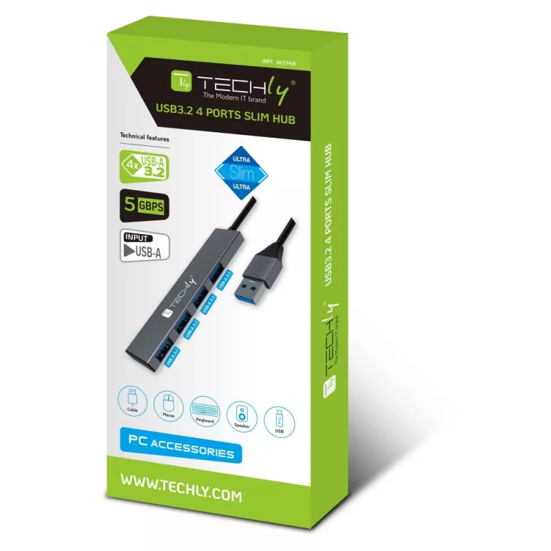 Techly IUSB32-HUB4A-4U3SL laptop dokovacia stanica/port replikátor káblový USB 3.2 Gen 1 (3.1 Gen 1) Type-A sivá