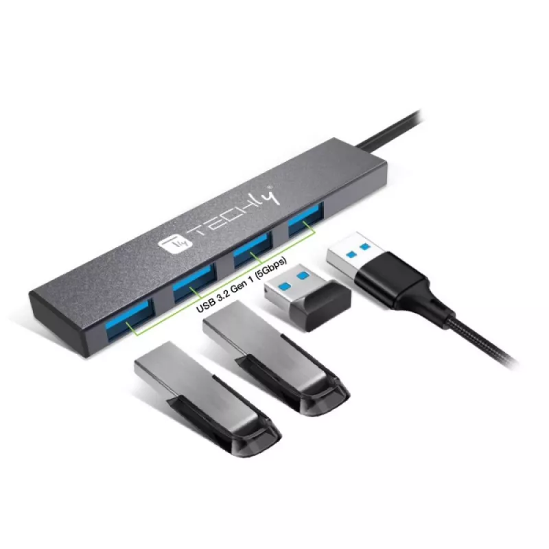 Techly IUSB32-HUB4A-4U3SL laptop dokovacia stanica/port replikátor káblový USB 3.2 Gen 1 (3.1 Gen 1) Type-A sivá