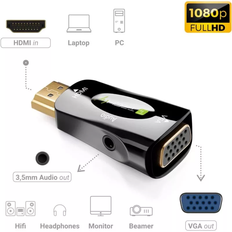 Techly IDATA HDMI-VGA2MABT2 video signálny konvertor pasívny video konvertor 1920 x 1080 pixelov