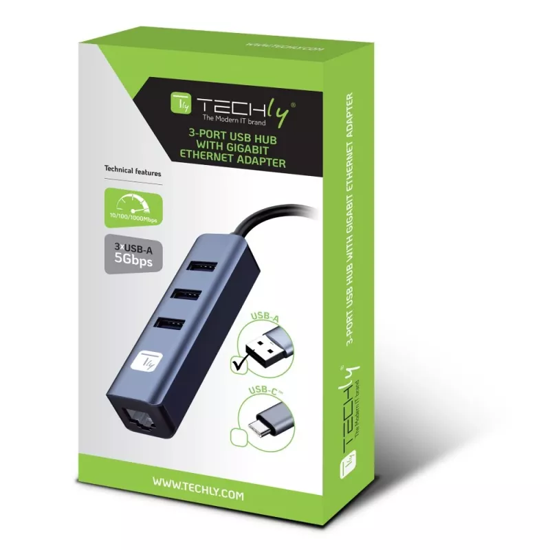 Techly IDATA USB-ETGIGA3AA laptop dock/port replikátor káblový USB 3.2 Gen 1 (3.1 Gen 1) Type-A čierna, strieborná