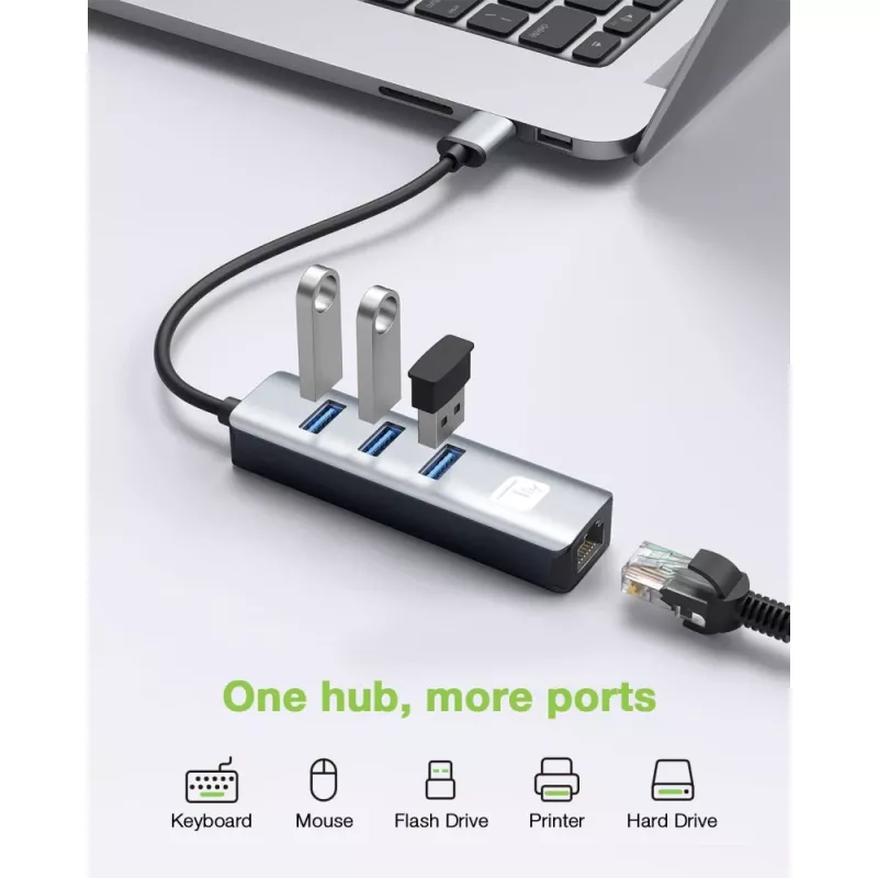 Techly IDATA USB-ETGIGA3AA laptop dock/port replikátor káblový USB 3.2 Gen 1 (3.1 Gen 1) Type-A čierna, strieborná