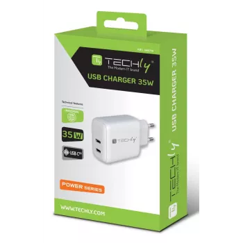 Techly IPW-USB-2C35W nabíjačka pre mobilné zariadenia laptop, smartphone, tablet biela AC interiérová rýchle nabíjanie
