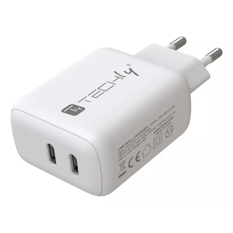 Techly IPW-USB-2C35W nabíjačka pre mobilné zariadenia laptop, smartphone, tablet biela AC interiérová rýchle nabíjanie