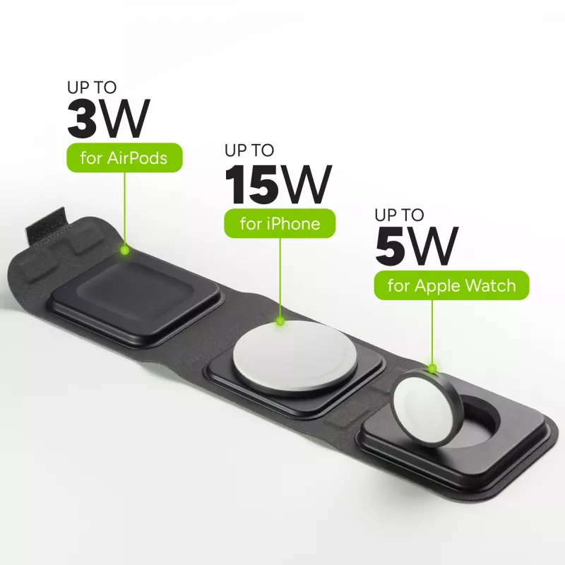 mophie 3-in-1 cestovná nabíjačka s MagSafe (2023), interiérová, USB, bezdrôtové nabíjanie, čierna