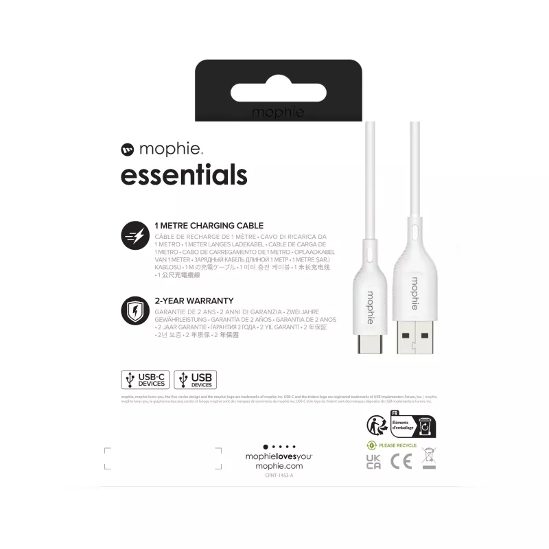 mophie essentials nabíjací kábel | 1M USB kábel USB 2.0 USB A USB C biely