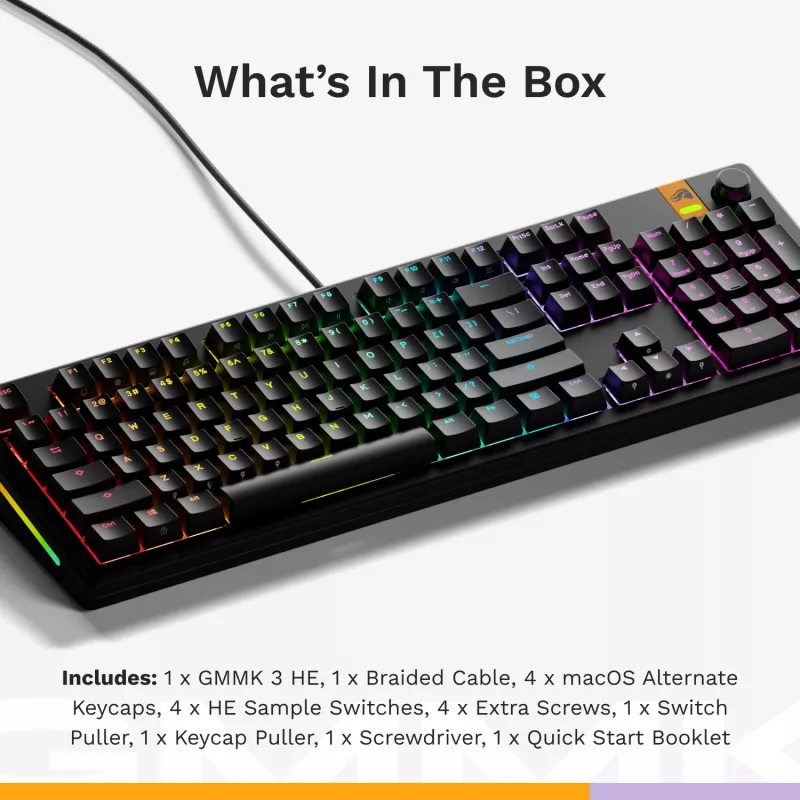 Glorious Gaming GMMK 3 HE 100% Prebuilt Wired čierna - US, káblová, USB, mechanická, QWERTY, RGB LED, čierna