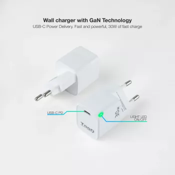 TooQ GAN USB-C/PD nástenná nabíjačka 30W, biela, interiér, AC, biela