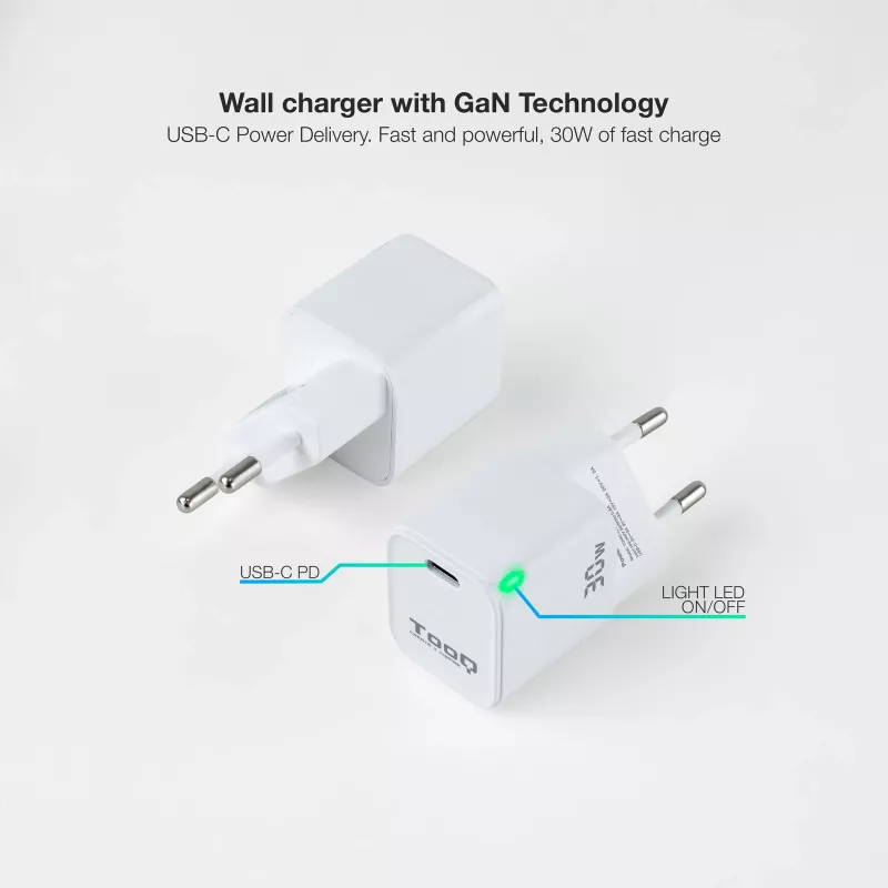 TooQ GAN USB-C/PD nástenná nabíjačka 30W, biela, interiér, AC, biela