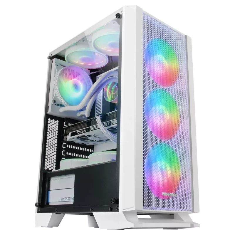 Mars Gaming MC-C biela PC ATX skriňa kovový mesh predný panel temperované sklo 3 predné 120-mm FRGB ventilátory