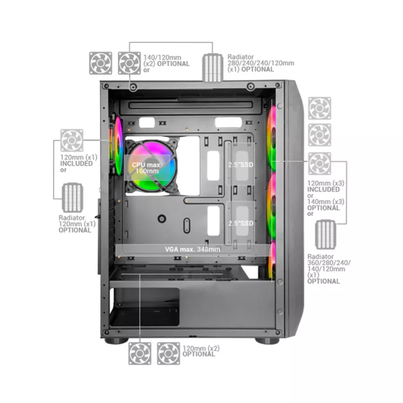 Mars Gaming MC-KX biela Premium E-ATX herná veža FREEZER CPU systém 5 ultra tichých ARGB ventilátorov ARGB ovládač a RF ovládač Mesh predná časť