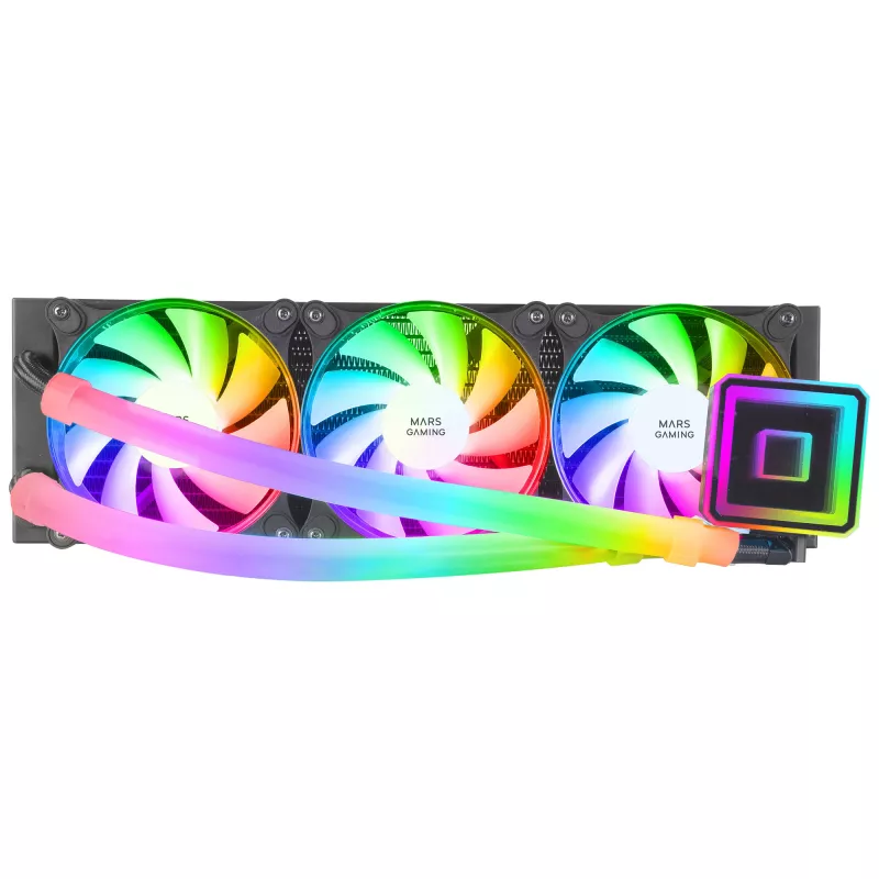 Mars Gaming ML-ULTRA360 čierne kvapalinové CPU chladenie TDP 650W Infinity Mirror 3 tiché FDB ARGB ventilátory ARGB hadice univerzálna multisocket