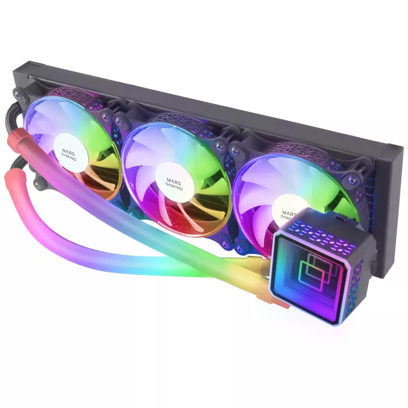 Mars Gaming ML-ULTRA360 čierne kvapalinové CPU chladenie TDP 650W Infinity Mirror 3 tiché FDB ARGB ventilátory ARGB hadice univerzálna multisocket
