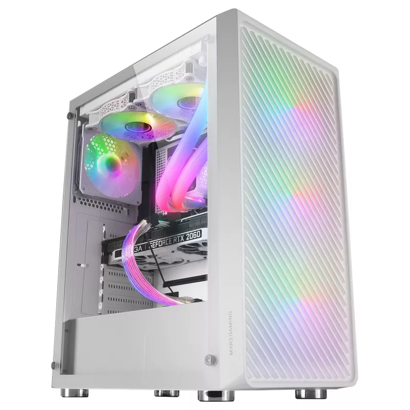Mars Gaming MC-F White, ATX Gaming Semitower, okno z temperovaného skla, kovová mesh predná časť, 4x 120mm ARGB ventilátory
