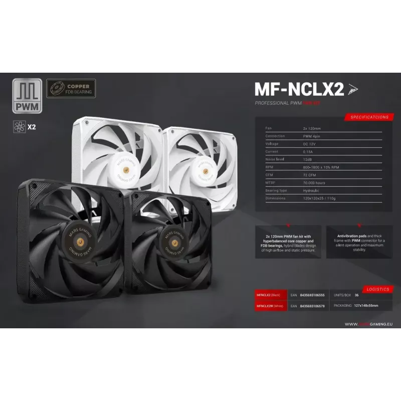 Mars Gaming MF-NCLX2W ventilátor do počítačovej skrine 12 cm biely 2 ks
