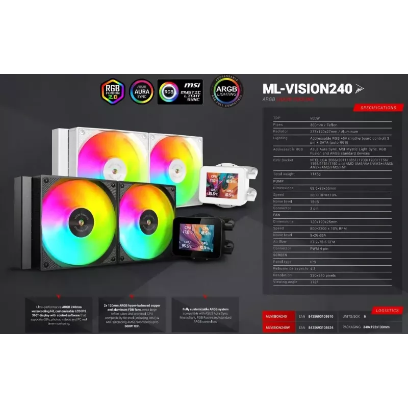 Mars Gaming MLVISION240 chladiaci systém procesora All-in-One kvapalinový chladič 12 cm čierny