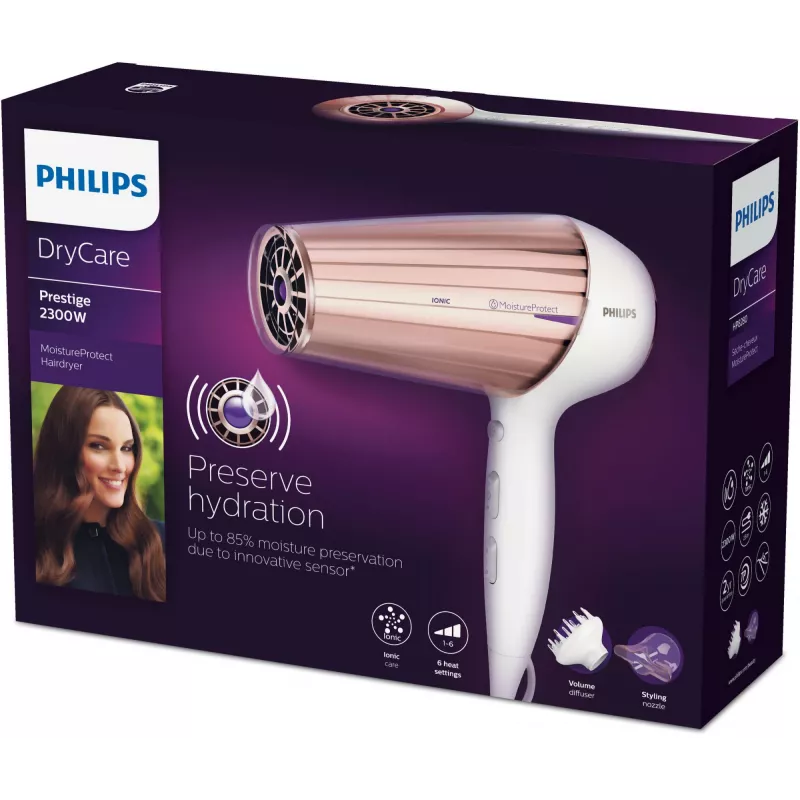 Sušič vlasov Philips MoistureProtect Sensor HP8280/00 — 2300 W, DC motor, 6 rýchlostí, ionizačný, studený vzduch, fialová/biela