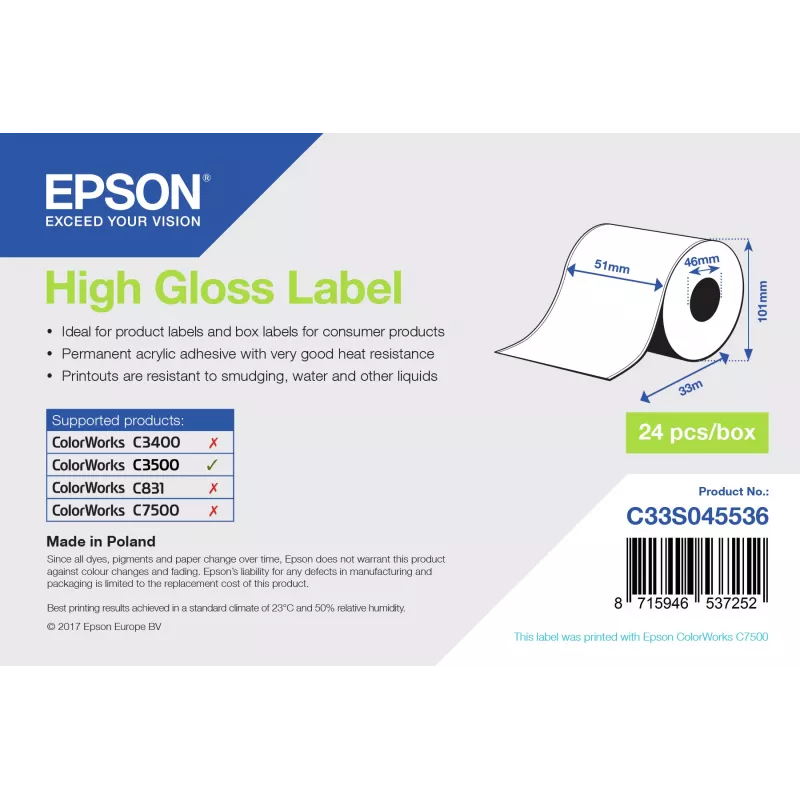 Epson vysoko lesklá etiketa – nekonečná rolka: 51 mm x 33 m