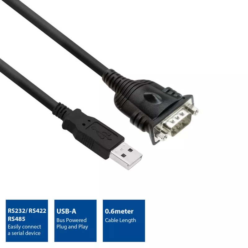 ACT 0,6 m USB na sériový adaptér, čierny, 0,6 m, USB Type-A, DB-9, konektor samec, konektor samec