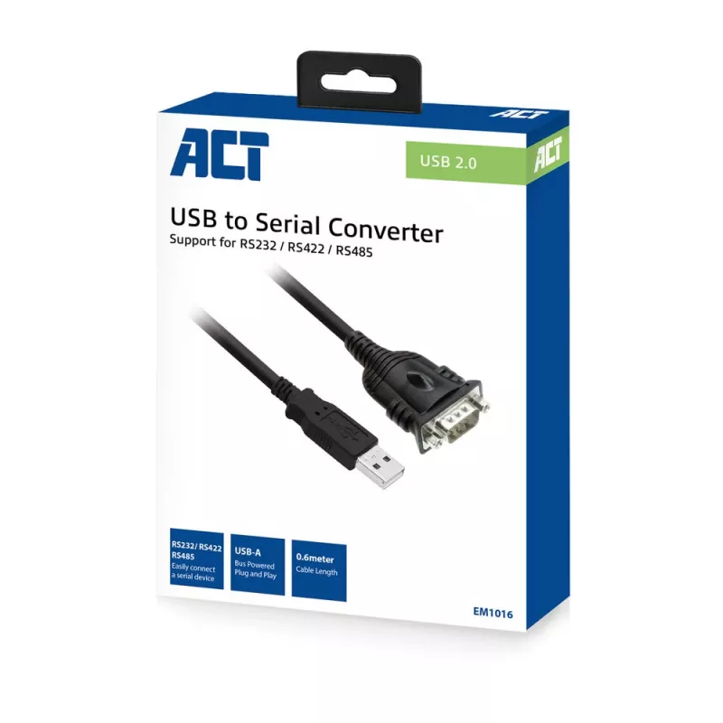 ACT 0,6 m USB na sériový adaptér, čierny, 0,6 m, USB Type-A, DB-9, konektor samec, konektor samec