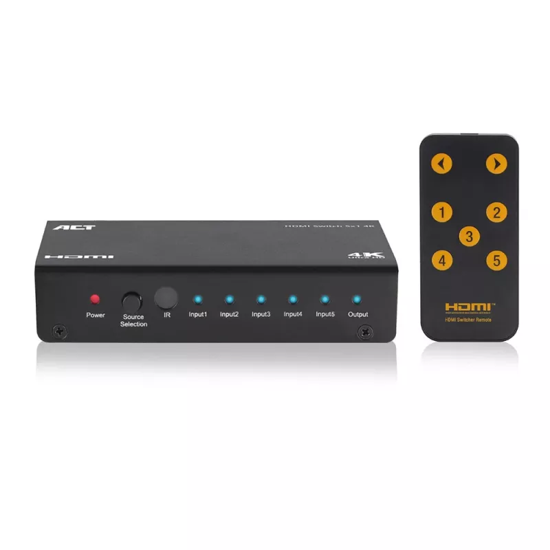 ACT 5x 1 HDMI switch, podpora 3D a 4K, HDMI, čierny, 60 Hz, 2160p, indikátor prevádzky, 203 mm