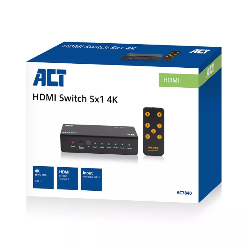 ACT 5x 1 HDMI switch, podpora 3D a 4K, HDMI, čierny, 60 Hz, 2160p, indikátor prevádzky, 203 mm