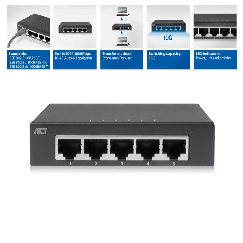 Neřízený switch ACT AC4415 Gigabit Ethernet 5 portov 10 Gbit/s