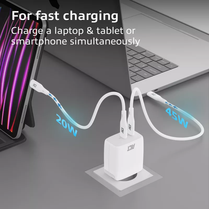 ACT USB-C nabíjačka 65W 2-port s Power Delivery PPS a GaNFast