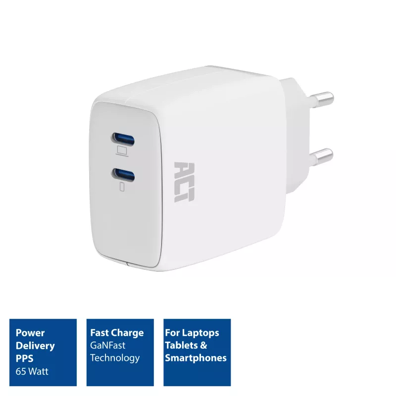 ACT USB-C nabíjačka 65W 2-port s Power Delivery PPS a GaNFast