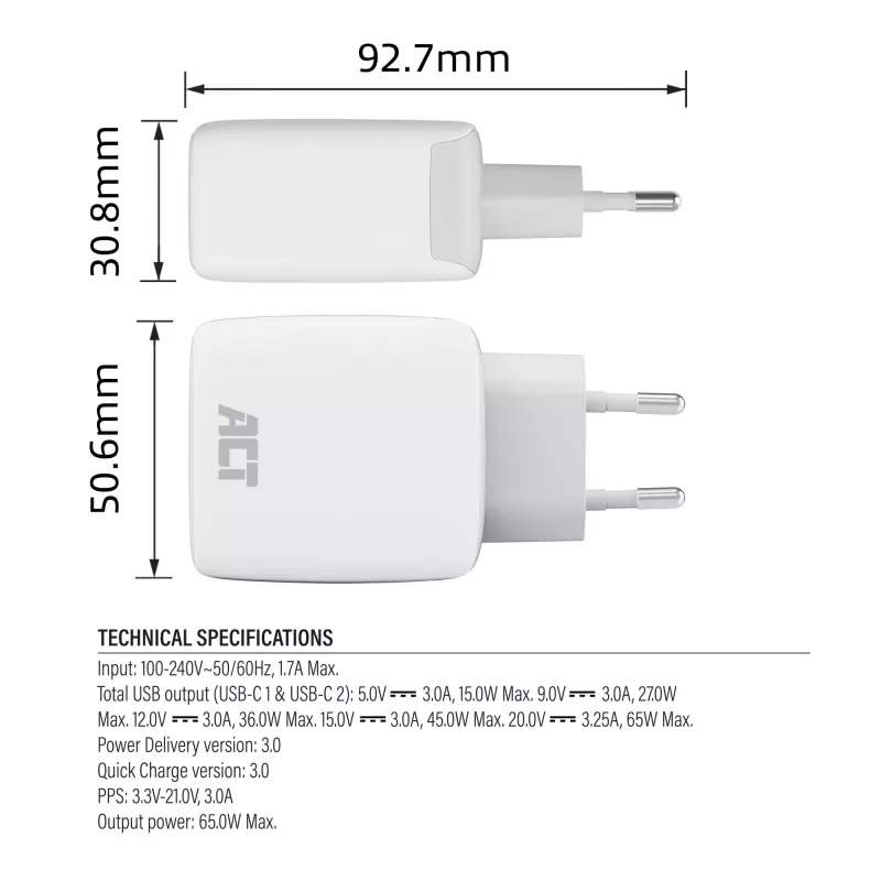 ACT USB-C nabíjačka 65W 2-port s Power Delivery PPS a GaNFast