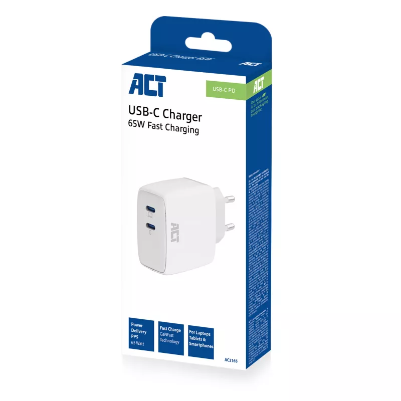 ACT USB-C nabíjačka 65W 2-port s Power Delivery PPS a GaNFast