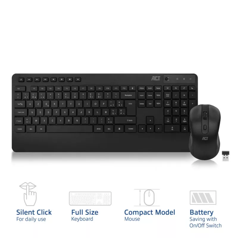 ACT bezdrôtová sada klávesnice a myši (Azerty), tichý klik, ekologická, z recyklovaných materiálov