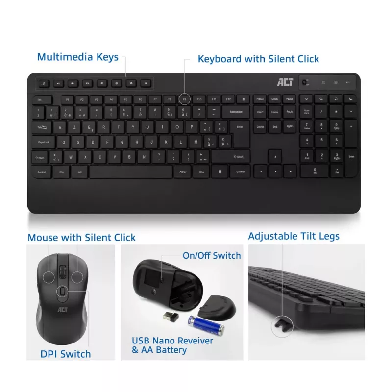 ACT bezdrôtová sada klávesnice a myši (Azerty), tichý klik, ekologická, z recyklovaných materiálov