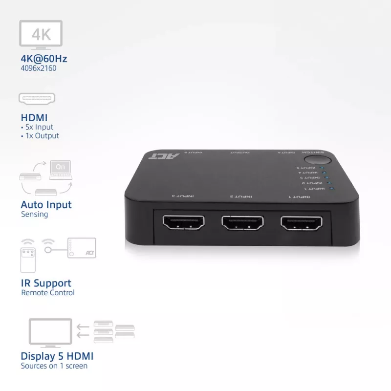 ACT 4K HDMI switch 5 in, 1 out, HDMI, čierny, 2160p, 18 Gbit/s, 4096 x 2160 pixelov, 4K Ultra HD