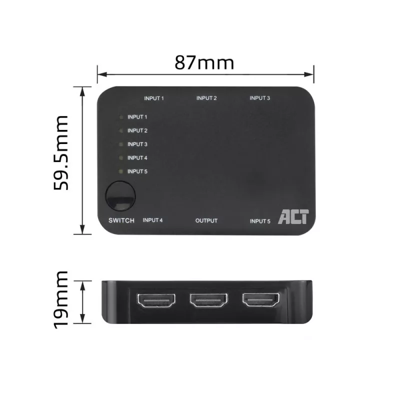 ACT 4K HDMI switch 5 in, 1 out, HDMI, čierny, 2160p, 18 Gbit/s, 4096 x 2160 pixelov, 4K Ultra HD