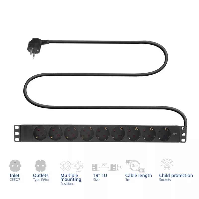 ACT predlžovacia PDU 19 inch CEE7/7 s 9 zásuvkami typu F, 3 m H05VV-F 3G1.5