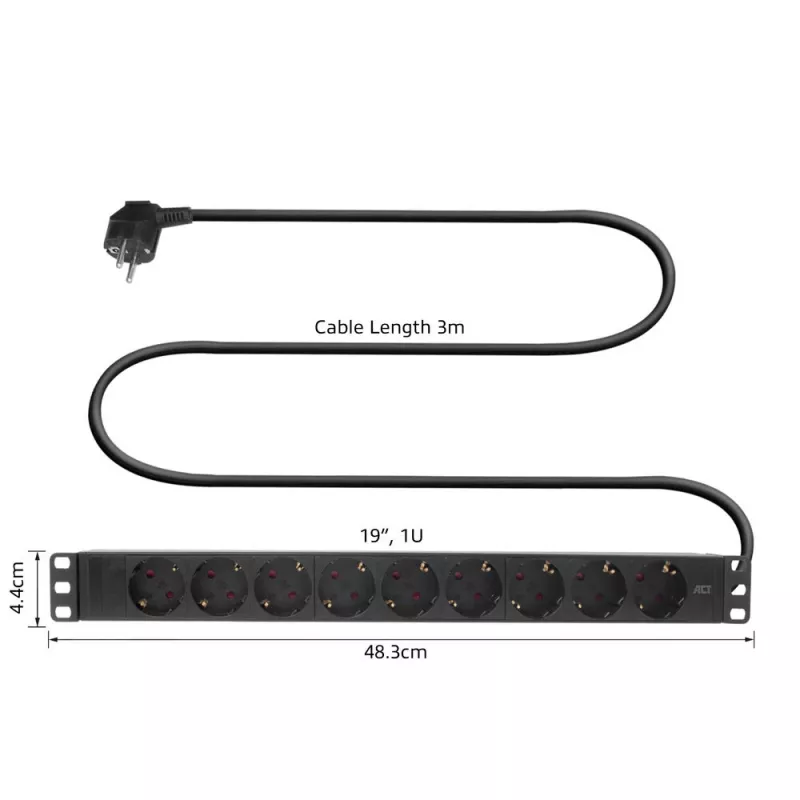 ACT predlžovacia PDU 19 inch CEE7/7 s 9 zásuvkami typu F, 3 m H05VV-F 3G1.5