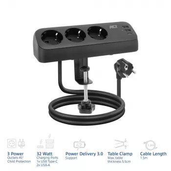 ACT stolová zásuvková lišta s 3 zásuvkami typu F, 30W Power Delivery, USB Type-C/A konektory, dĺžka kábla 1,5 metra