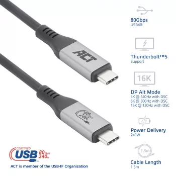ACT USB4 80Gbps Thunderbolt 5 kábel 240W USB Type-C, USB-IF certifikovaný, 1,5 metra