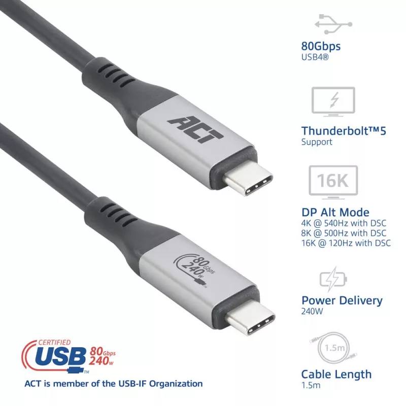 ACT USB4 80Gbps Thunderbolt 5 kábel 240W USB Type-C, USB-IF certifikovaný, 1,5 metra