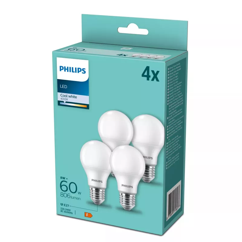 LED zdroj Philips E27 60W 4000K, balenie 4 ks — pätica E27, 4000K neutrálna biely