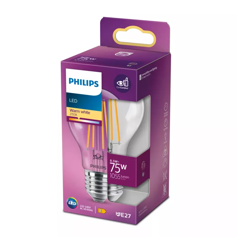 Philips Filament žiarovka číra 75W A60 E27 8,5W teplá biela 1055lm