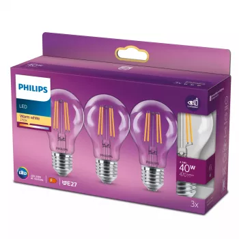 Philips Filament žiarovka číra 40W A60 E27 x3, 4,3 W, 40 W, E27, 470 lm, 15000 h, teplá biela