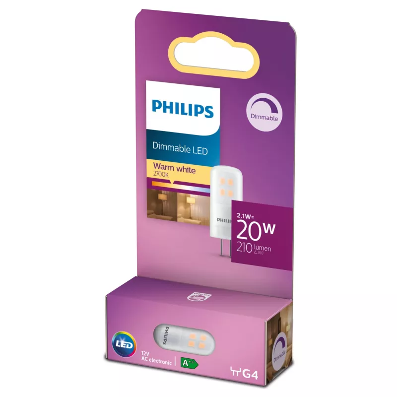 Philips kapsula (stmievateľná), 2,1 W, 20 W, G4, 210 lm, 15000 h, teplá biela