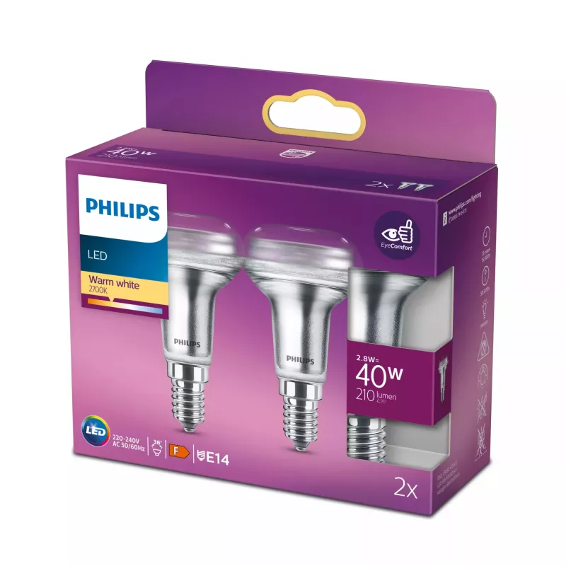 Philips reflektorová žiarovka 40W R50 E14 x2, 2,8 W, 40 W, E14, 210 lm, 15000 h, teplá biela