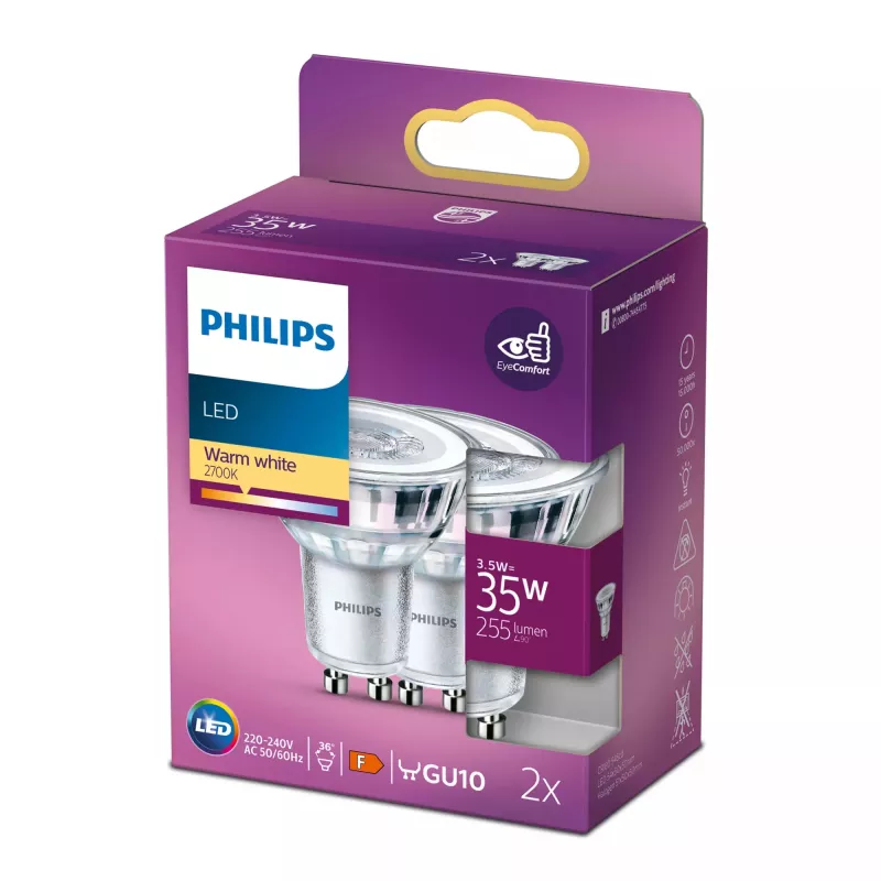 Philips spot 35W PAR16 GU10 x2, 3,5 W, 35 W, GU10, 255 lm, 15000 h, teplá biela