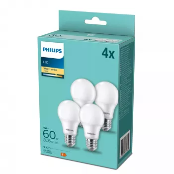 LED zdroj Philips A60 E27 8W (ekvivalent 60W), 806 lm, 2700K, CRI 80, 15.000 h — balenie 4 ks